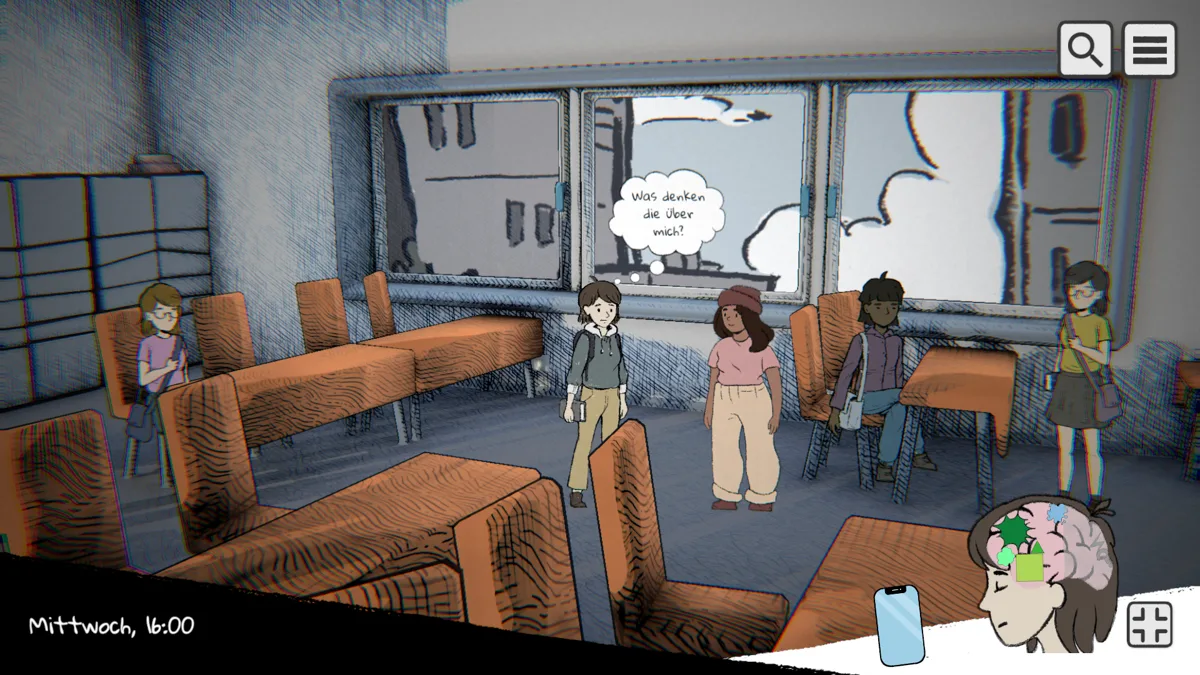 Beyond the Chalkboard screenshot: Sam standing in a classroom, wondering what the others think