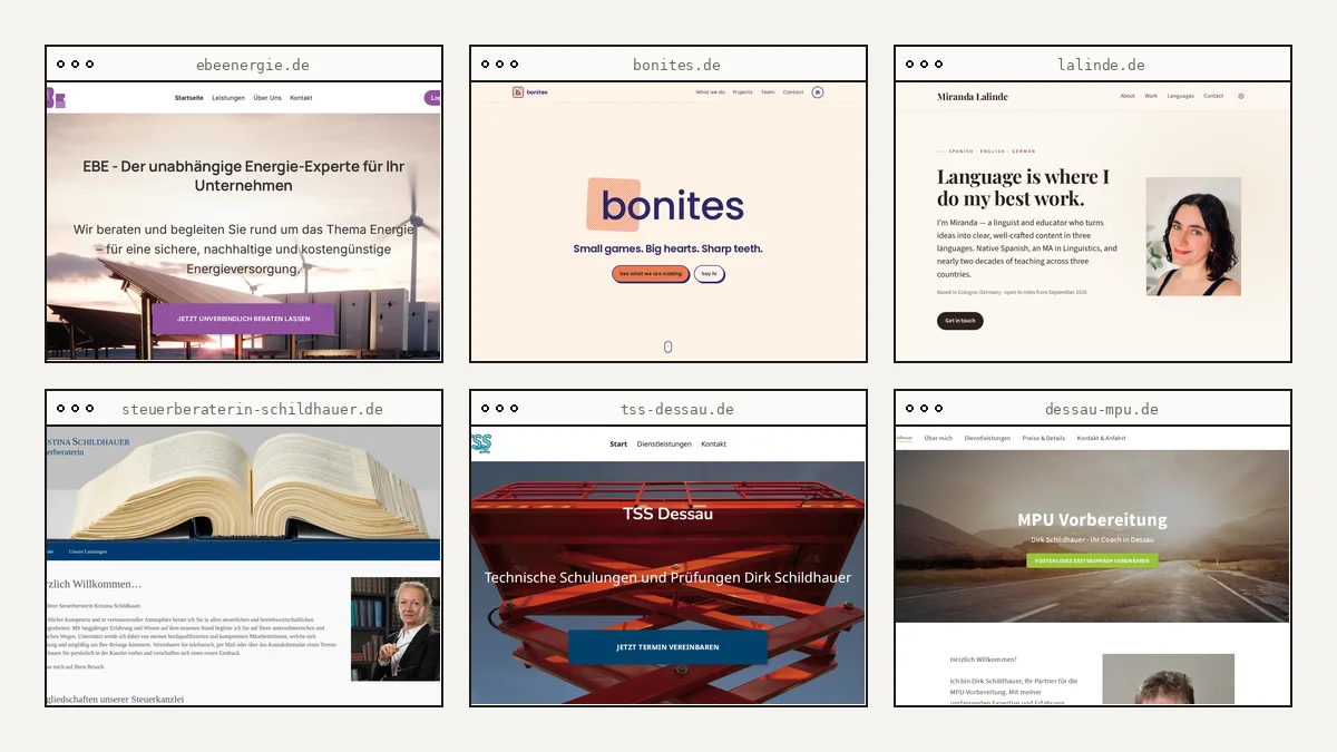 Grid of six website screenshots in minimal browser frames, each labeled with its domain
