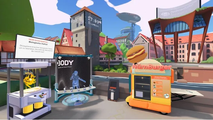 Visitors in VR headsets exploring the virtual Nuremberg of 2050